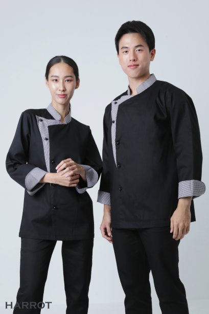 เสื้อกุ๊ก เสื้อเชฟ ชุดเชฟ เสื้อพ่อครัว แขนยาว สีดำแต่งลายสก๊อต กระดุมถอดได้ 5 เม็ด (FSS0222)