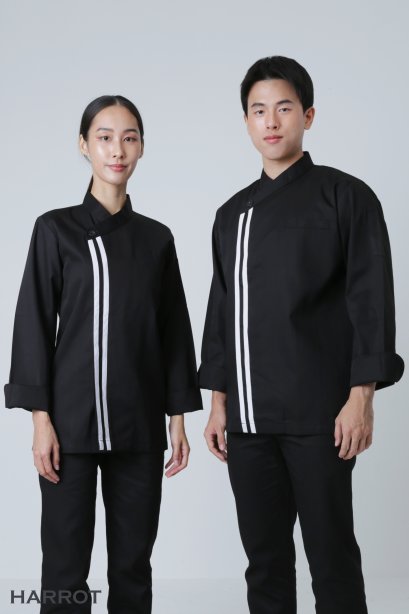 เสื้อกุ๊ก เสื้อเชฟ ชุดเชฟ เสื้อพ่อครัว แขนยาว คอป้าย สีดำ กุ๊นขาว (FSS0502)