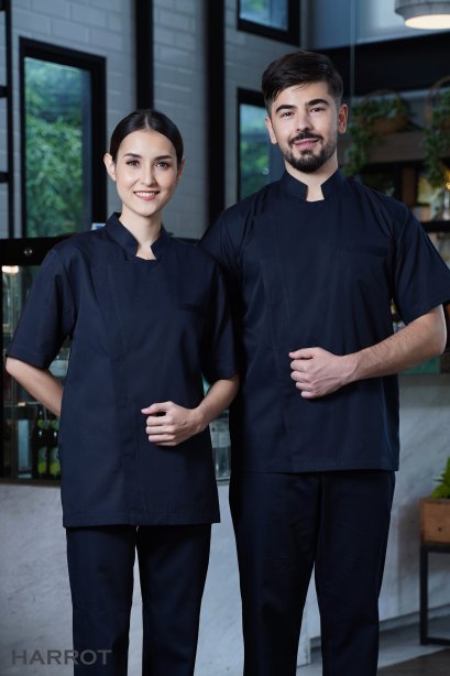 เสื้อเชฟ แขนสั้น สีกรม กระดุมแป๊ก (FSS0701)