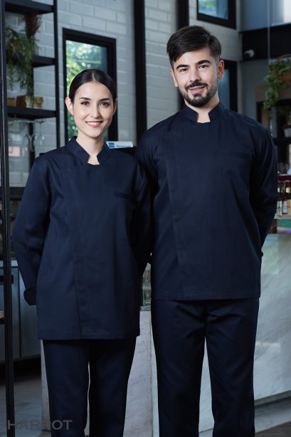 เสื้อกุ๊ก เสื้อเชฟ ชุดเชฟ เสื้อพ่อครัว แขนยาว สีกรม กระดุมแป๊ก (FSS0721)