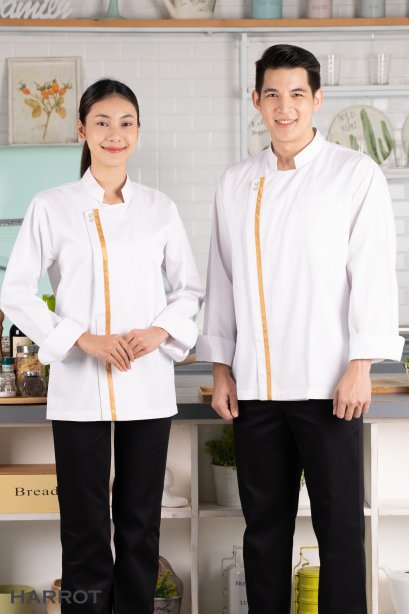 เสื้อกุ๊ก เสื้อเชฟ ชุดเชฟ แขนยาว สีขาวกุ๊นทอง กระดุมแป๊ก (FSS0731)