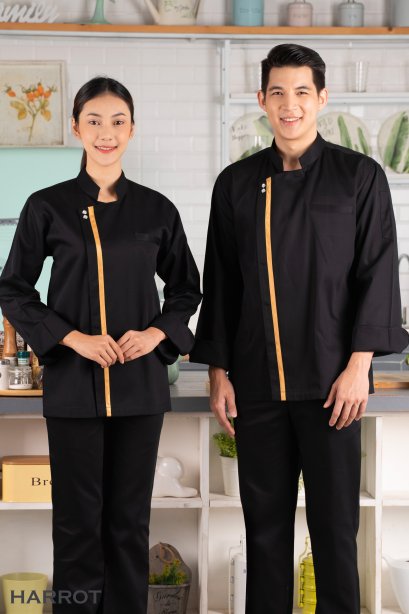 เสื้อกุ๊ก เสื้อเชฟ ชุดเชฟ แขนยาว สีดำกุ๊นทอง กระดุมแป๊ก (FSS0732)