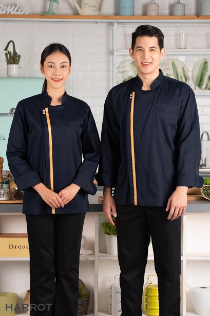 เสื้อกุ๊ก เสื้อเชฟ ชุดเชฟ แขนยาว สีกรมกุ๊นทอง กระดุมแป๊ก (FSS0733)