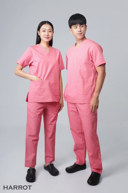 ชุดสครับ คอวี สีชมพู (เสื้อ+กางเกง) (HPG0155)