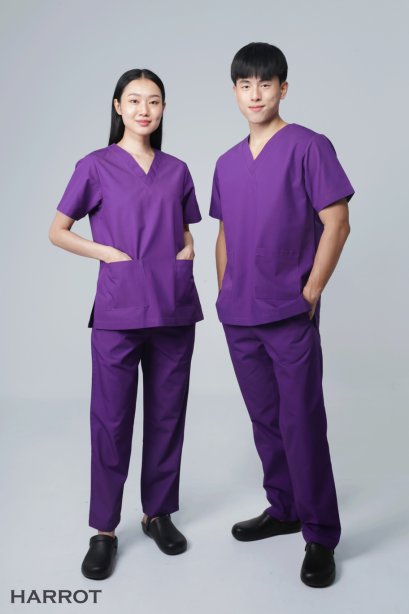 ชุดสครับ ชุดพยาบาล คอวี สีม่วงเข้ม (เสื้อ+กางเกง) (HPG0159)