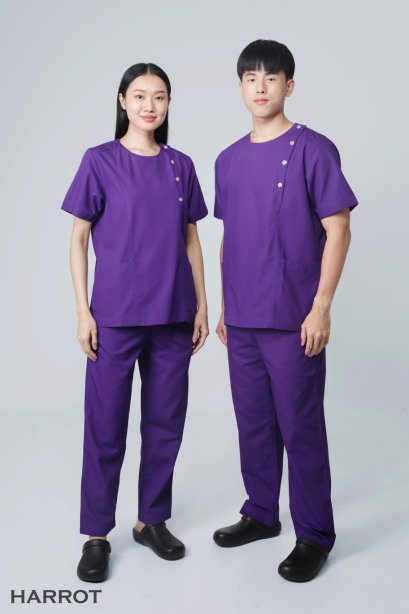 เสื้อสครับ ชุดพยาบาล คอกลม สีม่วงเข้ม (เสื้อ+กางเกง) (HPG0162)