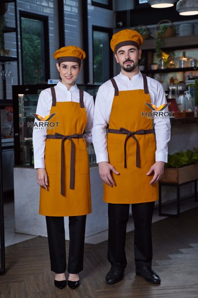ผ้ากันเปื้อน ผ้ากันเปื้อนเชฟ ผ้ากันเปื้อนพ่อครัว ผ้ากันเปื้อนกุ๊ก ผ้ากันเปื้อนเสิร์ฟ เต็มตัว ลอฟท์ สีมัสตาร์ดแต่งน้ำตาล (FSA0482)