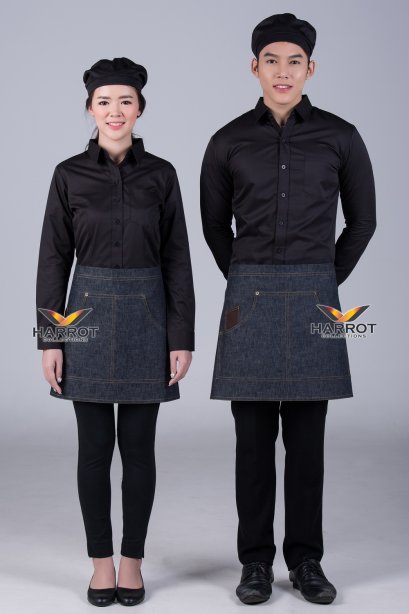 ผ้ากันเปื้อน ผ้ากันเปื้อนเชฟ ผ้ากันเปื้อนพ่อครัว ผ้ากันเปื้อนกุ๊ก ผ้ากันเปื้อนเสิร์ฟ ครึ่งสั้น ยีนส์ดำ (FSA1104)