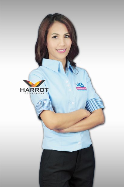 เสื้อพนักงาน สีฟ้า แขนเบิ้ลแต่งผ้าลายสก๊อต				