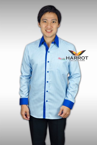 เสื้อพนักงาน แขนยาว ผ้าลายแต่งปก สาปและปลายแขนสีน้ำเงิน						