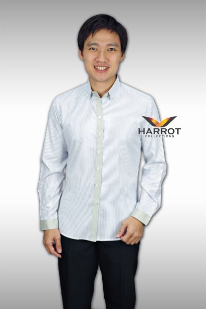 เสื้อพนักงาน แขนยาว ผ้าลายแต่งสาปและปลายแขน สีกากี						