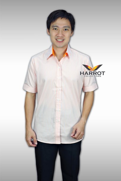 เสื้อพนักงาน แขนสั้น ผ้าลายสีส้ม				
