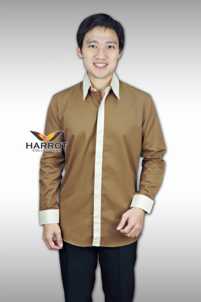 เสื้อพนักงาน แขนยาว สีน้ำตาลทองแต่งสีครีม					