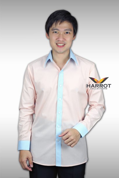 เสื้อพนักงาน แขนยาว สีชมพูโอรสแต่งสีฟ้า				