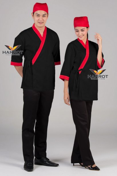 เสื้อกุ๊ก เสื้อเชฟ ชุดเชฟ เสื้อพ่อครัว ญี่ปุ่น สีดำกุ๊นแดง (FSS0601)