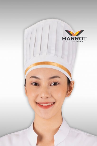 หมวกกุ๊กสากล หมวกเชฟ หมวกพ่อครัว  สีขาวกุ๊นทอง หัวเปิด 7.5 นิ้ว (FSC0331)