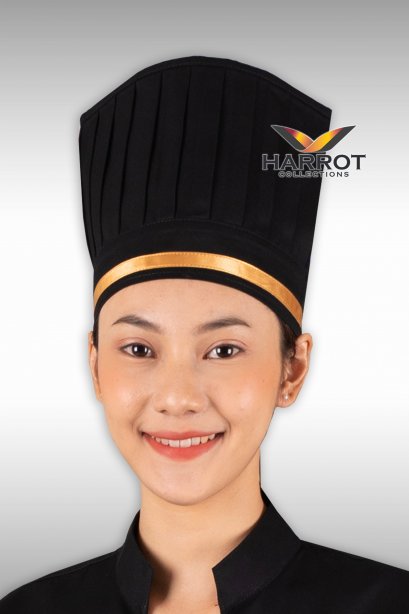 หมวกกุ๊กสากล หมวกเชฟ หมวกพ่อครัว  สีดำกุ๊นทอง หัวเปิด 7.5 นิ้ว (FSC0332)