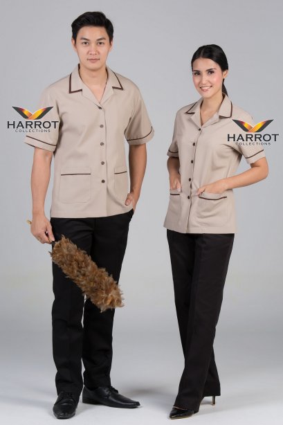 เสื้อแม่บ้าน เสื้อพ่อบ้าน คอฮาวาย สีกากี กุ๊นน้ำตาล