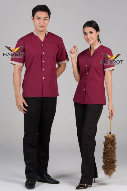 เสื้อแม่บ้าน สีเลือดหมู แต่งสีกากี