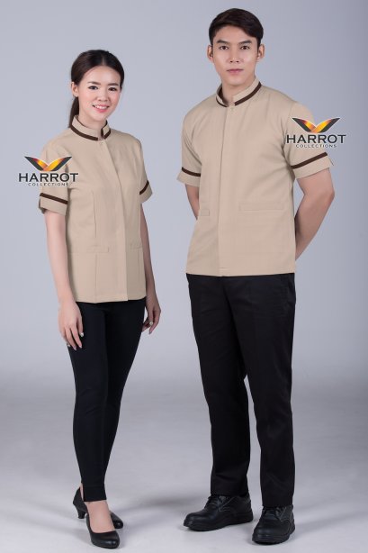 เสื้อแม่บ้าน ปกตั้ง สีกากีกุ๊นน้ำตาล