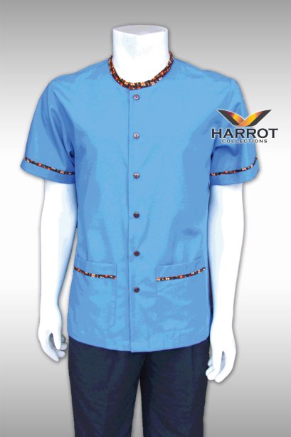 เสื้อแม่บ้าน คอกลม สีฟ้ากุ๊นลายไทย