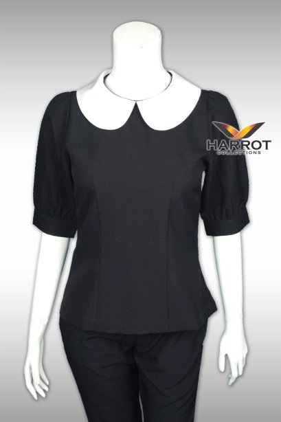 เสื้อแม่บ้าน สีดำปกบัวสีขาว แขนตุ๊กตา