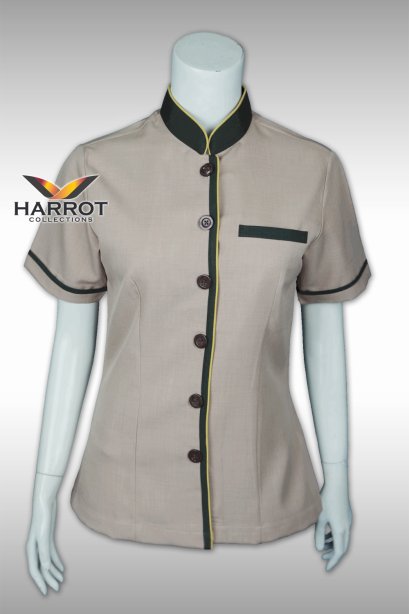 เสื้อแม่บ้าน สีกากี แต่งด้วยสีน้ำตาลกุ๊นสีเหลือง