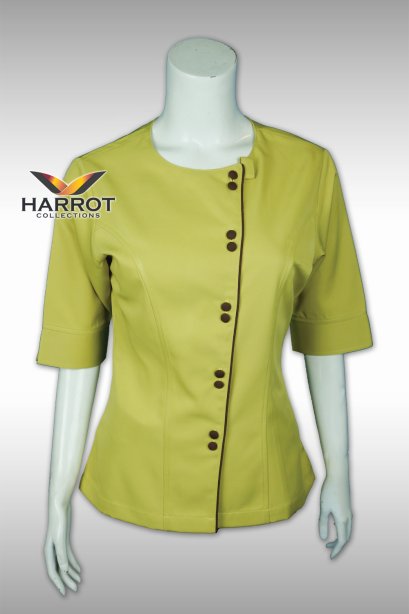 เสื้อแม่บ้าน สีเขียว คอกลม กุ๊นสีน้ำตาล