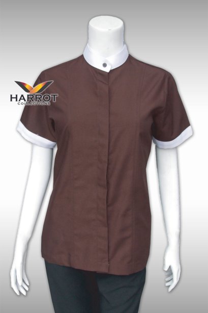 เสื้อแม่บ้าน สีน้ำตาล คอจีนสีขาว ปลายแขนสีขาว