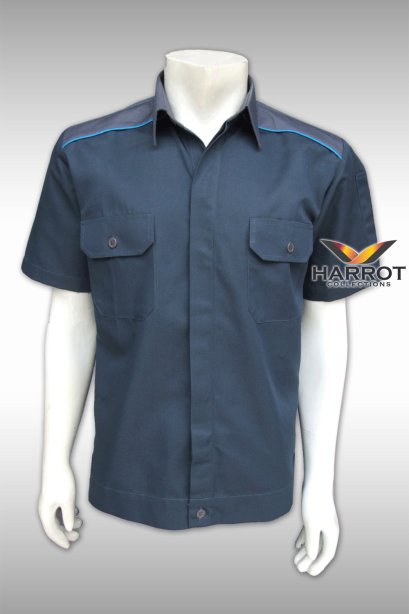 เสื้อช๊อป แขนสั้น สีเทา กุ๊นสีฟ้า