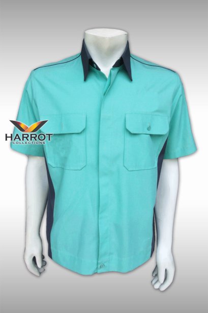 เสื้อช๊อป แขนสั้น สีเขียว ปกเทา