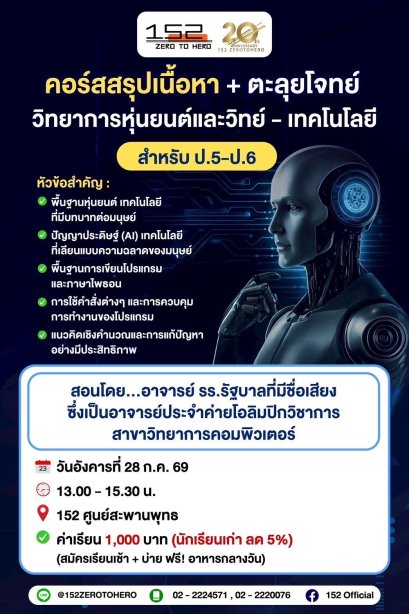 คอร์สสรุปเนื้อหา + ตะลุยโจทย์วิทยาการหุ่นยนต์ และวิทย์-เทคโนโลยี ระดับ ป.5-ป.6