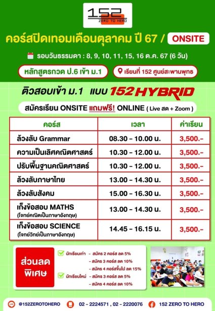 คอร์สปิดเทอมเดือนตุลาคม ปี 67 ป.6 เข้า ม.1 / 152 Hybrid