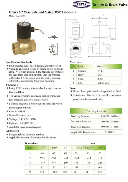 Arita Brass 2/2 Way Solenoid Valve BSPT (Steam)