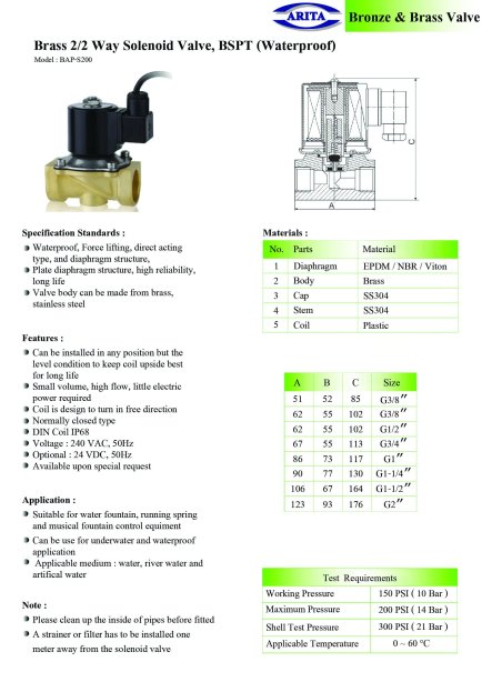 Arita Brass 2/2 Way Solenoid Valve, BSPT (Waterproof)