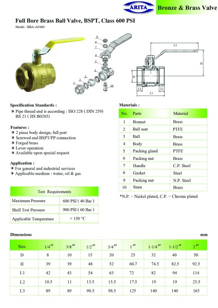 Arita Full Bore Brass Ball Valve, AF600, BSPT, Class 600 psi
