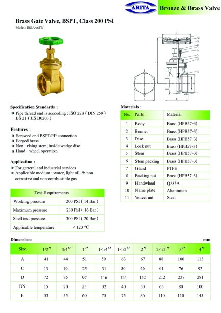 Arita Brass Gate Valve, BGA-ASW, BSPT, Class 200 PSI