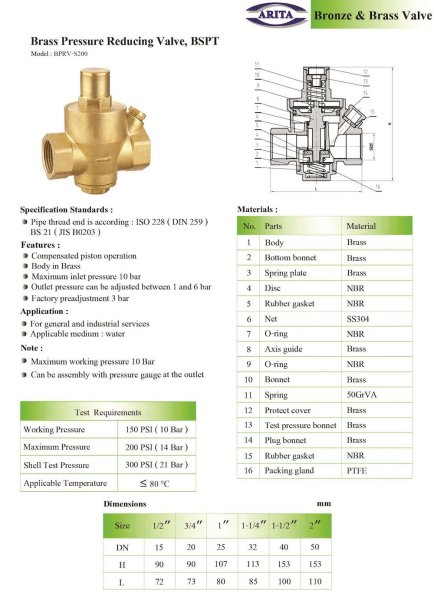 Arita Brass Pressure Reducing Valve