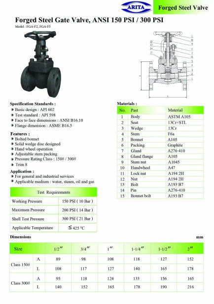 Arita Forged Steel Gate Valve Class 150PSI & 300PSI