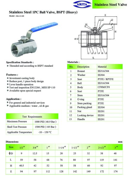 Arita Stainless Steel 1PC Ball Valve, BSPT (Heavy)