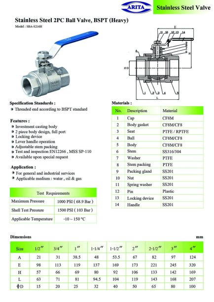 Arita Stainless Steel 2PC Ball Valve, BSPT (Heavy)