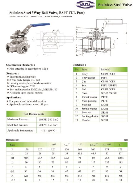 Arita Stainless Steel 3 Way Ball Valve, BSPT (T Port, L Port)