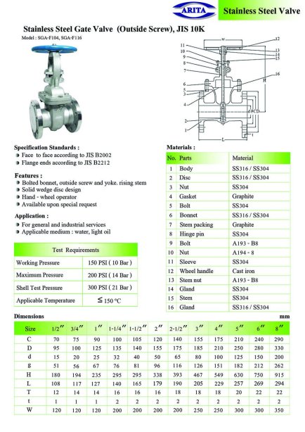 Arita Stainless Steel Gate Valve (OS&Y), JIS 10K