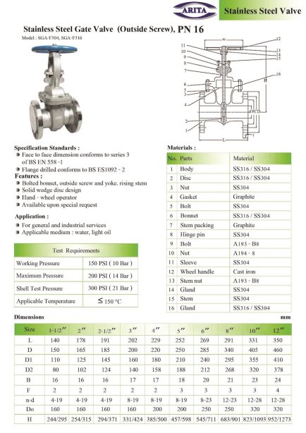 Arita Stainless Steel Gate Valve (OS&Y), PN16