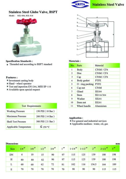 Arita Stainless Steel Globe Valve, BSPT