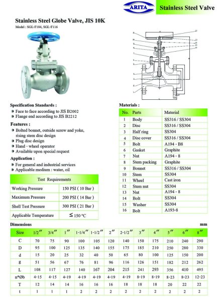 Arita Stainless Steel Globe Valve, JIS 10K