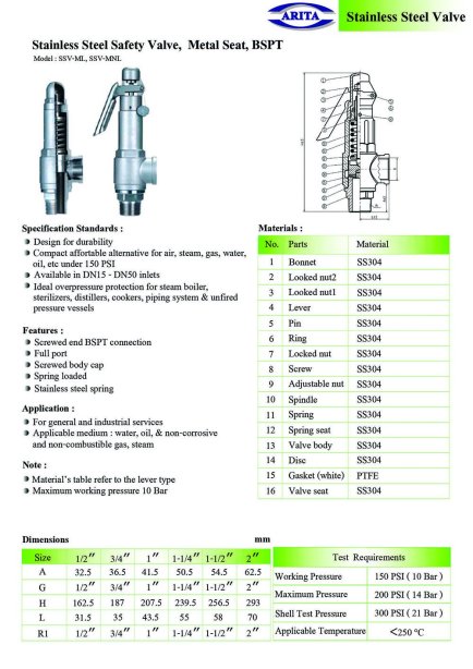 Arita Stainless Steel Safety Valve, Metal Seat, BSPT