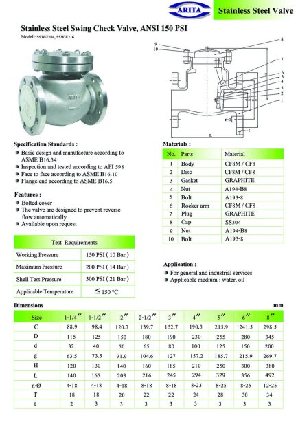 Arita Stainless Steel Swing Check Valve, ANSI 150 PSI