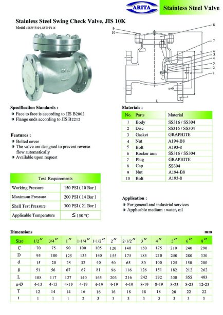 Arita Stainless Steel Swing Check Valve, JIS 10K