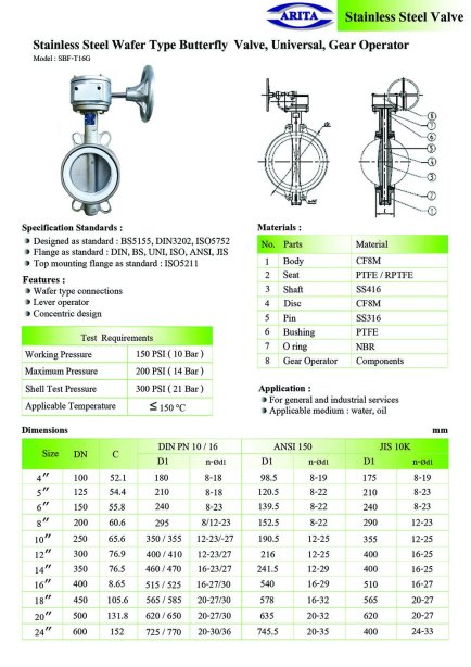 Arita Stainless Steel Wafer Type Butterfly Valve, Gear Operator, Universal